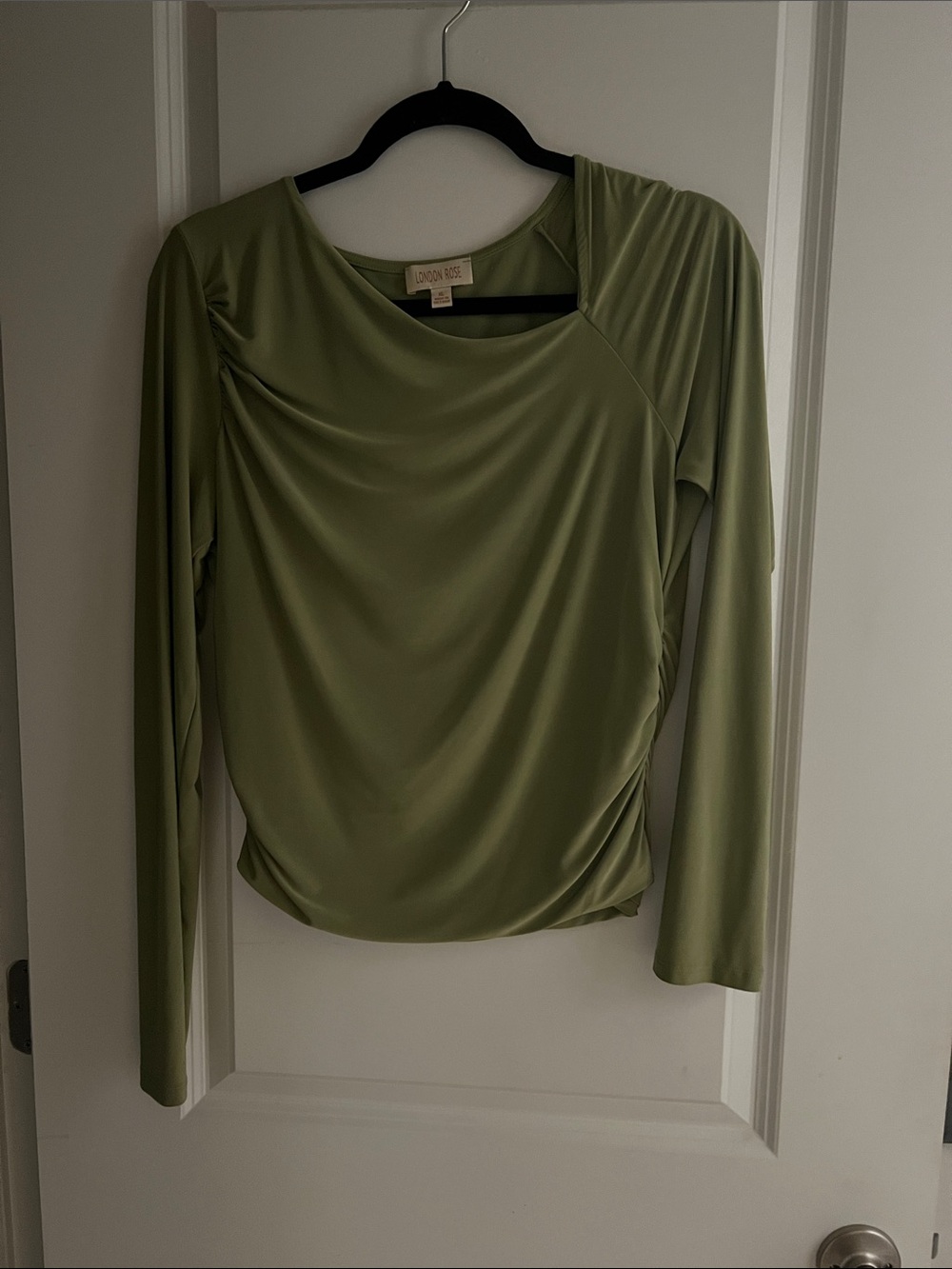 Sage Green Long Sleeve Draped Tee with Side Ruching